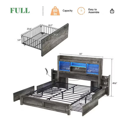 AMERLIFE Bed Frame with Drawers, LED, Bookcase Headboard, Charging, Shelves