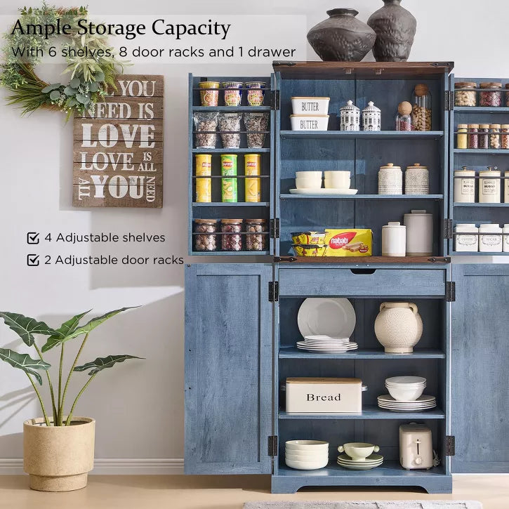 SinCiDo Farmhouse Kitchen Pantry with Barn Doors and Adjustable Shelves, Storage Cabinet, Rustic Wood Cupboard for Kitchen