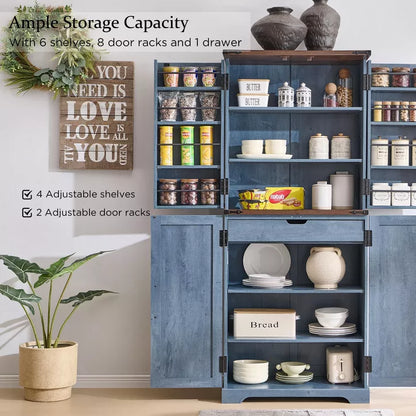 SinCiDo Farmhouse Kitchen Pantry with Barn Doors and Adjustable Shelves, Storage Cabinet, Rustic Wood Cupboard for Kitchen