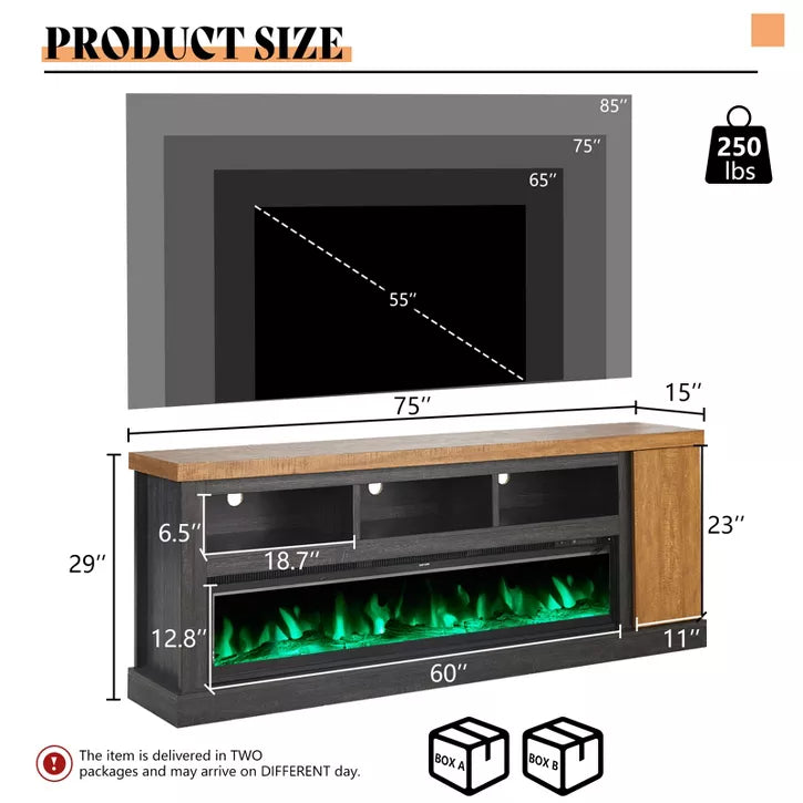 AMERLIFE 75" TV Stand with 60" Glass Electric Fireplace