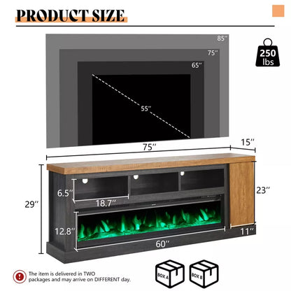 AMERLIFE 75" TV Stand with 60" Glass Electric Fireplace