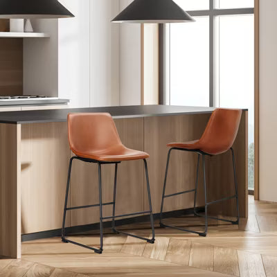 ELJGET Set of 2 Armless Faux Leather Bar Stools, Industrial Counter Height Barstools with Metal Legs & Footrest for Kitchen Island, Home Office,Brown