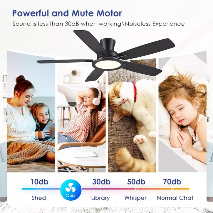 52 Inch Flush Mount Low Profile Ceiling Fan with Light and Remote for Living Room Bedroom