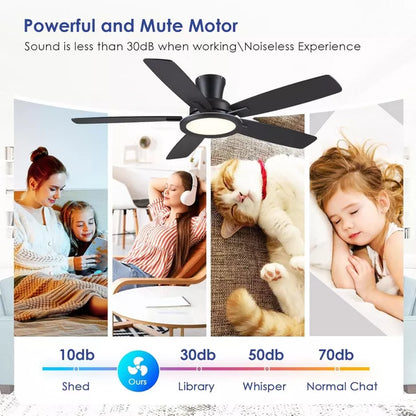 52 Inch Flush Mount Low Profile Ceiling Fan with Light and Remote for Living Room Bedroom