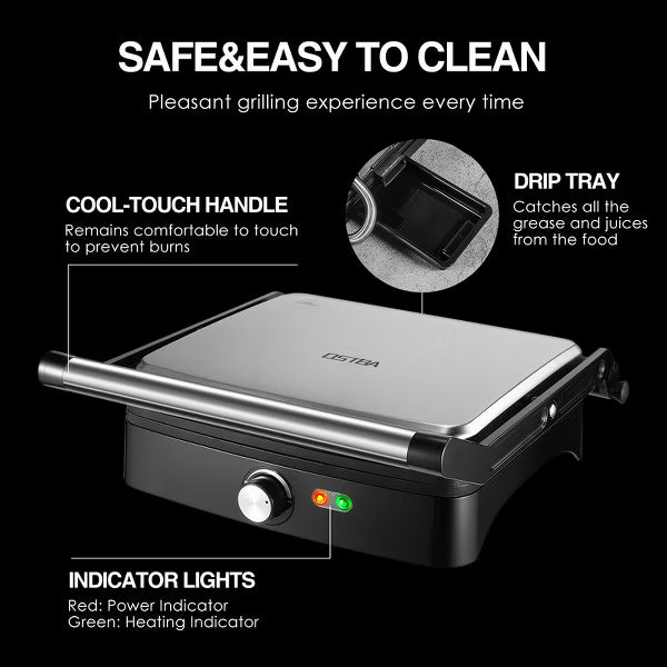 OSTBA Panini Press Grill, 4-Slice, Non-Stick, Adjustable Temperature, Opens 180, Removable Drip Tray, 1200W