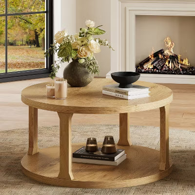 WOWLIVE Round Coffee Table with Storage Shelf for Living Room, Light Oak