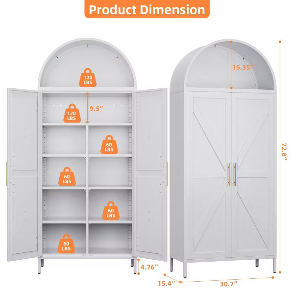 SUXXAN Metal Arched Cabinet with Adjustable Shelves, Farmhouse Pantry Cabinet with 2 Doors for Home Kitchen,White, Assemble Required