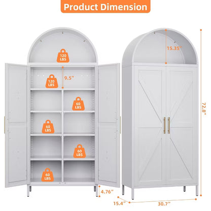 SUXXAN Metal Arched Cabinet with Adjustable Shelves, Farmhouse Pantry Cabinet with 2 Doors for Home Kitchen,White, Assemble Required