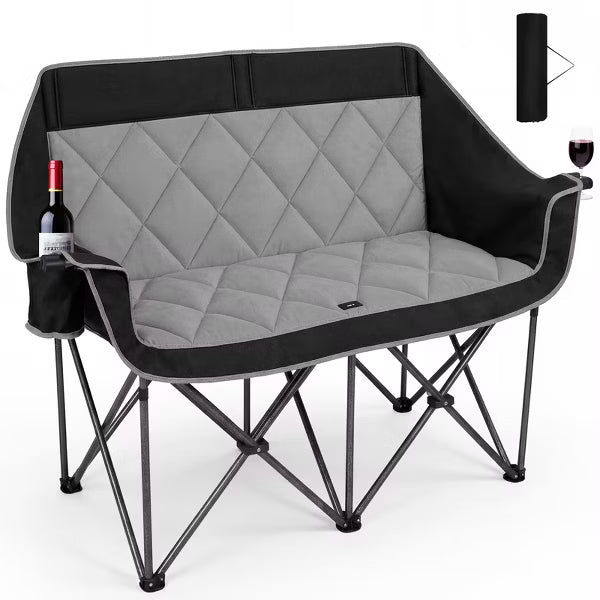 SUNSPIRE Double Oversized Camping Chair Folding Loveseat Padded Camping Couch with Cup Holder for Outdoor Beach Sports Fishing Black And Grey