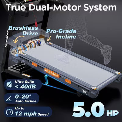20% Auto Incline Treadmill 5HP, 400LB Treadmill for Home,12MPH Foldable Running Walking Treadmill w/ APP,105 Programs for Varied Intensity Workouts
