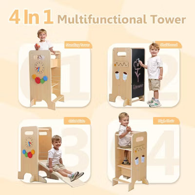 KOLIGEY Toddler Tower 4-in-1 Multifunctional Kitchen Stool Helper with Removable Safety Board, Adjustable Heights