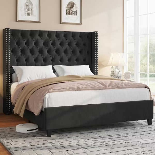 AMERLIFE Bed Frame with Deep Button Tufted and Velvet Wingback Headboard,No Box Spring Needed