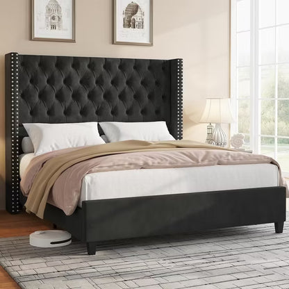 AMERLIFE Bed Frame with Deep Button Tufted and Velvet Wingback Headboard,No Box Spring Needed