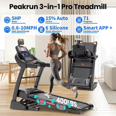 5HP Folding Treadmill w/ 15% Auto Incline for Home w/ 400LB Capacity, Walking Jogging Treadmill w/ Smart APP Control, 71 Programs, 10MPH Treadmill