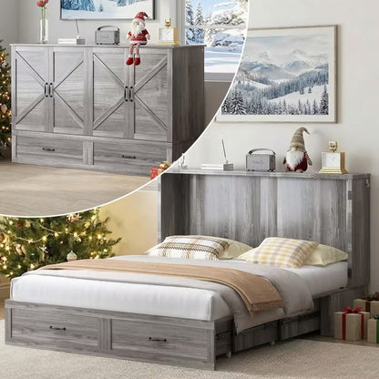 Mjkone Modern Murphy Bed Queen with USB ports & Drawers，No Mattress