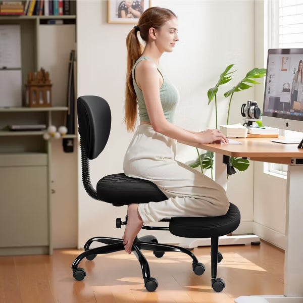 KERDOM Ergonomic Cross Desk chair, Height Adjustable Meditation Office Chair, 360° Swivel with Retractable Footrest, ADHD Chair,Black