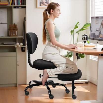 KERDOM Ergonomic Cross Desk chair, Height Adjustable Meditation Office Chair, 360° Swivel with Retractable Footrest, ADHD Chair,Black