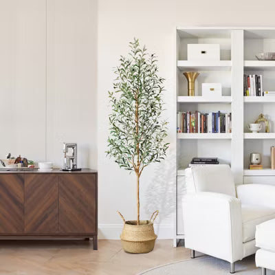 Artificial Olive Tree with Real Wood Trunk, UV Resistant Potted Faux Plant in Woven Basket for Indoor Home Decor