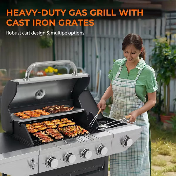 ELJGET 4 Burner BBQ Propane Gas Grill with Side Burner, Outdoor Stainless Steel 46790 BTU Patio Garden BBQ Grill with Lid, Wheels for Outdoor Camping