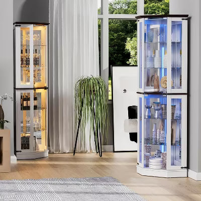 PAKASEPT 71'' Corner Display Curio Cabinet with LED Lights, 6-Tier Display Case with Glass Doors, Wine Cabinet for Collectibles, Liquor