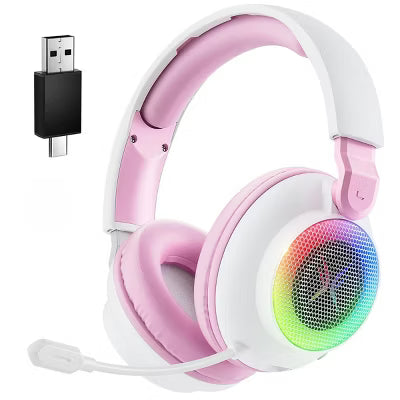 Tri-mode gaming headset, over-ear design, RGB lighting, noise cancellation, long battery life, multi-device compatibility.