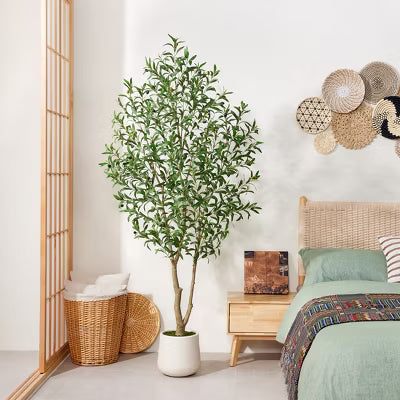 7FT Artificial Olive Tree with White Planter and Silk Leaves, Faux Potted Tree with Realistic Fruits, Tall Fake Floor Plant for Indoor Home Decor