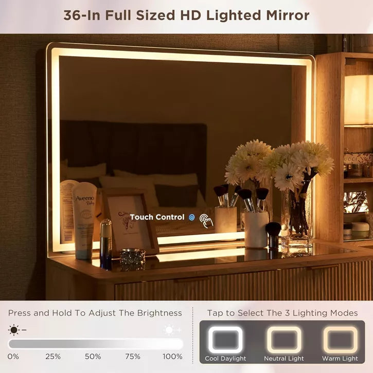 Fluted Makeup Vanity Tables with 36" HD Lighted Mirror, 48" Big Modern Vanity Desk with Glass Top & 5 Drawers & Shelves, Dressing Table
