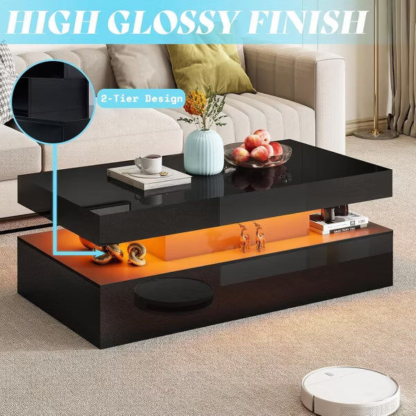 AMERLIFE 3 Pieces Modern High Gloss Living Room Table Set with LED Light and Storage, 2 End Side Tables with Charging Station for Living Room