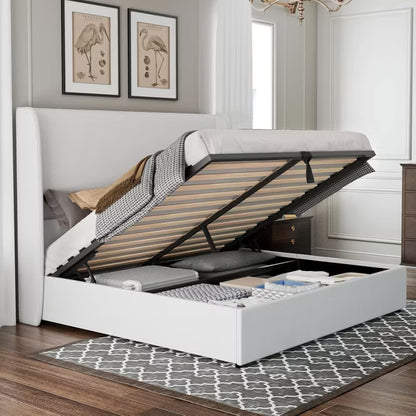 King Bed Frame with Lift Up Storage,Linen Upholstered Platform Bed,Wingback Headboard,White