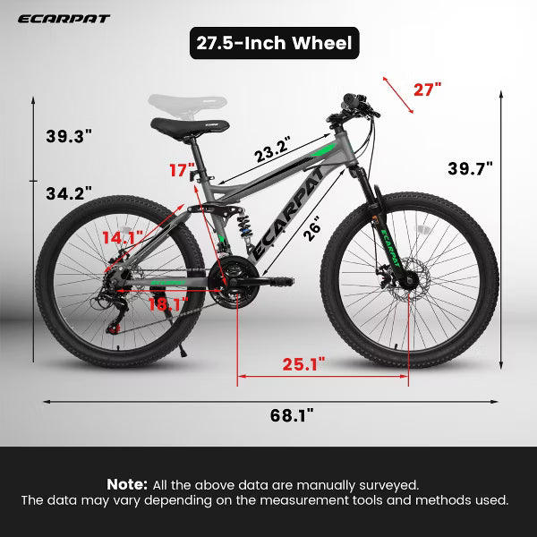 AENKYO 24/26/27/27.5-inch Mountain Bike for Adults, 21-Speed Full Suspension, Steel Frame - Men & Women Off-Road Bicycle