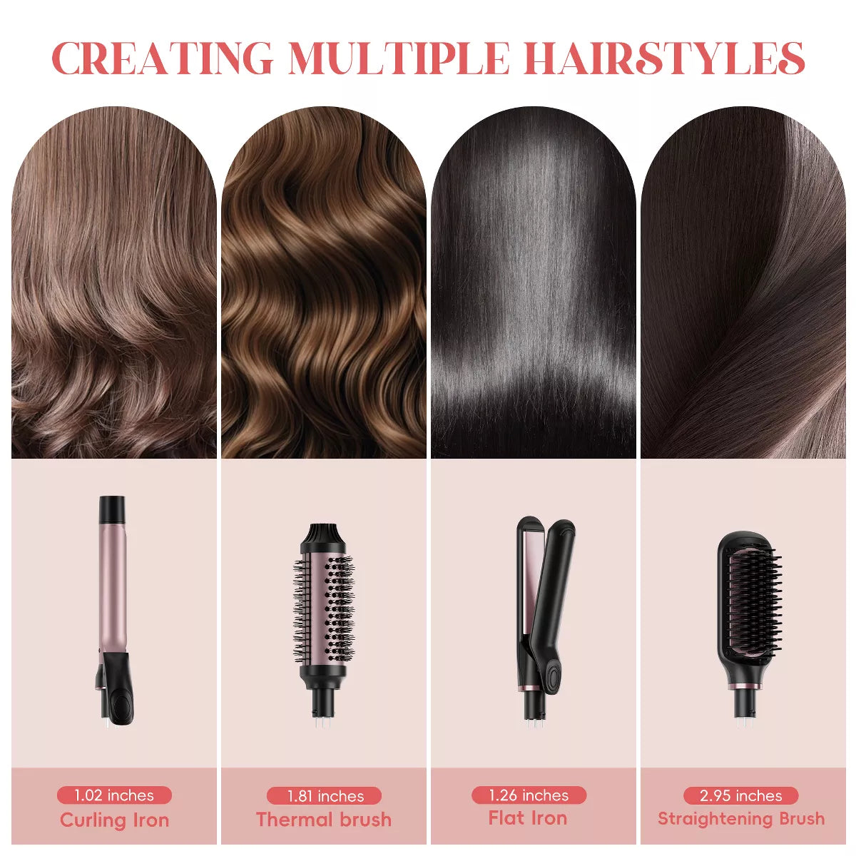 NICEBAY 4-in-1 Hair Tool set - Hair Straightening Brush, Thermal Brush, Flat Iron & 1" Ceramic Curling Iron, 5 Temps, Fast Heating, Dual Voltage