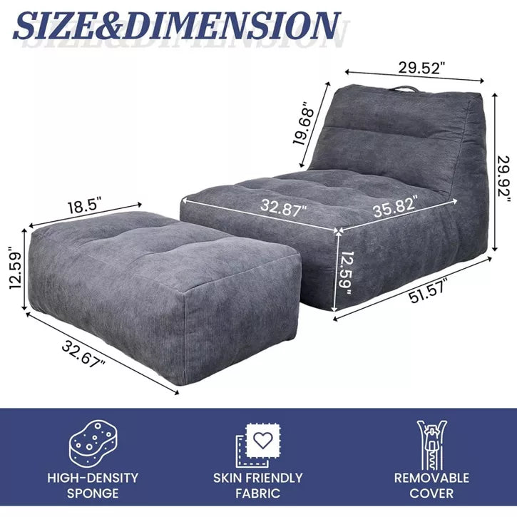 Hooseng Giant Bean Bag Chair with Ottoman, Lounge Beanbag Lounger with Pillow for Adults, Oversized Beanbag Lazy Floor Sofa for Living Room, Bedroom