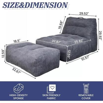 Hooseng Giant Bean Bag Chair with Ottoman, Lounge Beanbag Lounger with Pillow for Adults, Oversized Beanbag Lazy Floor Sofa for Living Room, Bedroom