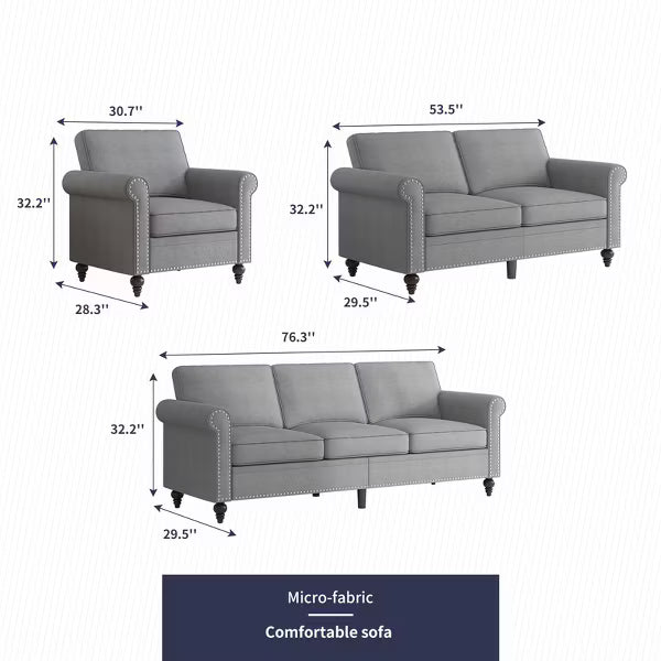 Mjkone 3 Piece Linen Living Room Sofa Set,Modern 3-Seater Sofa Couch&Loveseat Sofa&Single Sofa Armchair Set