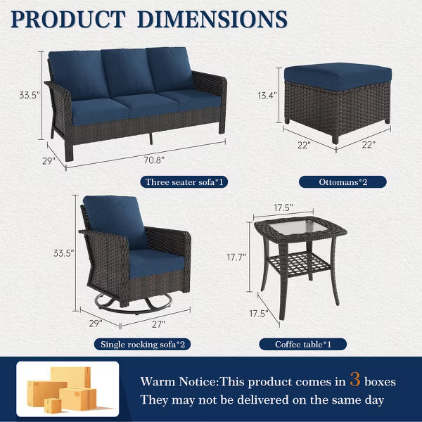 SUGOLD 6-Piece Wicker Patio Conversation Set with 3-Seat Sofa, 2 Swivel Rocking Chairs, 2 Ottomans, Side Table, Comfortable Blue Cushions