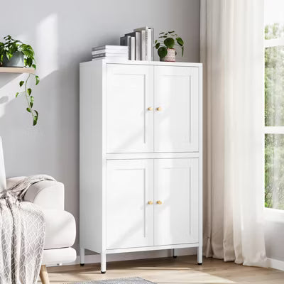 Mlezan 43" Metal Pantry Cabinet: White , 4 Doors, 2 Adjustable Shelves. Tall Storage for Kitchen, Living Room, or Dining Room, Home
