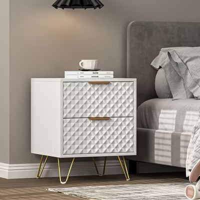 CIPACHO White 2-Piece Nightstand Set - 2-Drawer Modern Wood Table with Gold Legs (Bedroom/Living Room)
