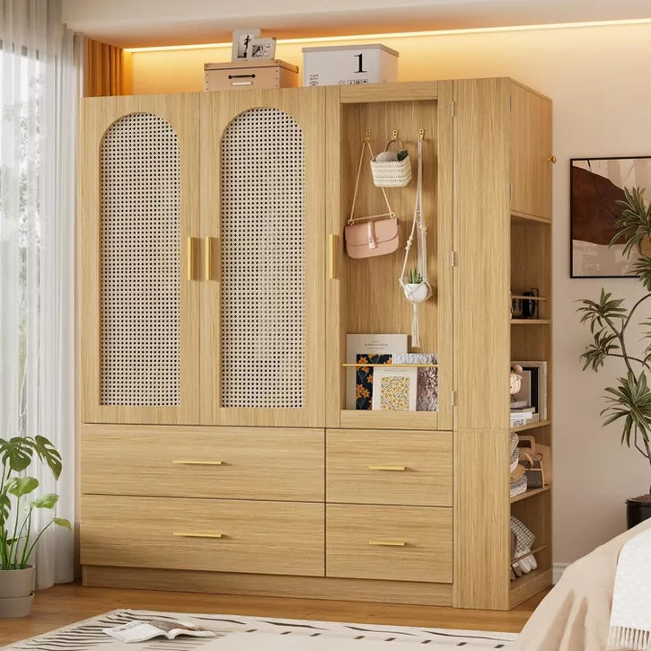 PAKASEPT 71'' Farmhouse Armoire Wardrobe Closet with Rattan, Wooden Wardrobe Storage Cabinet with 3Doors, Hanging Rod, Vanity Mirror, Drawers