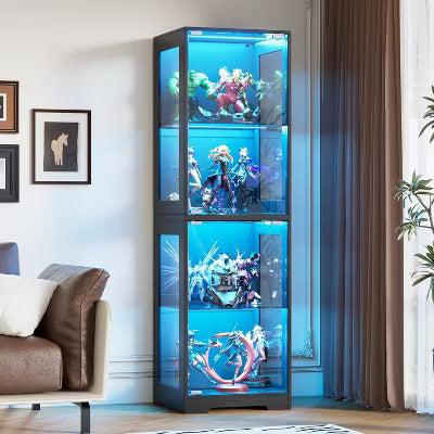 PAKASEPT 63" Tall Glass Display Cabinet, 4-Tier Curio Cabinets with 3 Color Lights for Collectibles, Storage Cabinet with Door, Glass Display Case