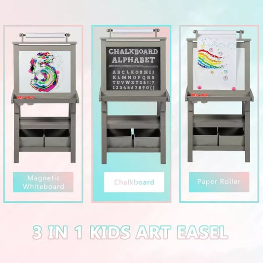 Kinder King 3 in 1 Kids Art Easel w/Storage Double-Sided Magnetic Whiteboard & Chalkboard Dry-Erase Board w/Paper Roller