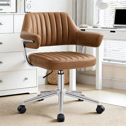 KERDOM Modern Swivel Office Desk Chair, PU Leather Chair Height Adjustable, Simple Assembly, Camle