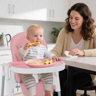 TODECARE Foldable High Chair with Soft Cushion, Height Adjustable Toddler Eating Chair with Detachable Double Trays