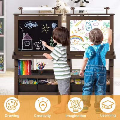 TODECARE Wooden 3-in-1 Kids Art Easel with Magnetic Whiteboard, Chalkboard, Paper Roll and Storage, Pink