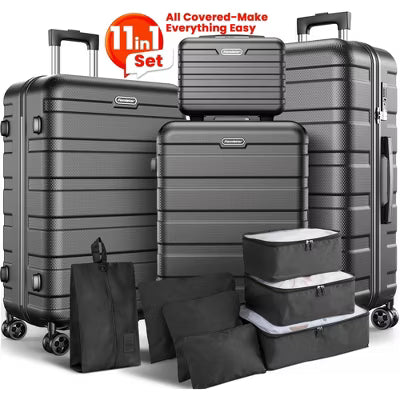 Famistar 11 Piece Hardside Luggage Suitcase Set with 360 Double Spinner Wheels 14/20/24/28 inch Black