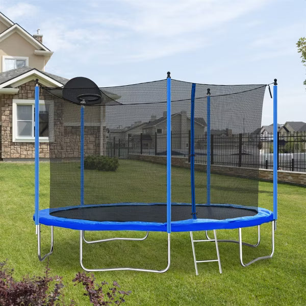 ELJGET 12 ft Trampoline for Adults/Kids with Safety Enclosure Net, Basketball Hoop & Ladder, Heavy Duty Outdoor Recreational Trampolines, Blue