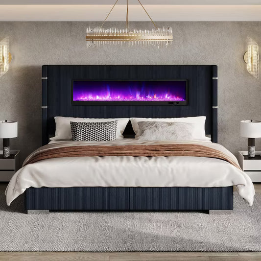 AMERLIFE Modern Bed Frame with Fireplace, Wingback Platform Bed Frame with 60.4“ Extra Tall Headboard, Beige