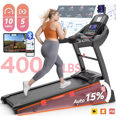 5HP Folding Treadmill w/ 15% Auto Incline for Home w/ 400LB Capacity, Walking Jogging Treadmill w/ Smart APP Control, 71 Programs, 10MPH Treadmill