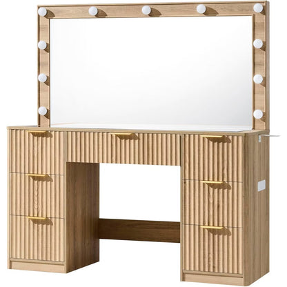 AMERLIFE Makeup Vanity Desk with Mirror & LED Lights, Drawers, Tempered Glass Top, Charging Station, Modern Bedroom Dressing Table
