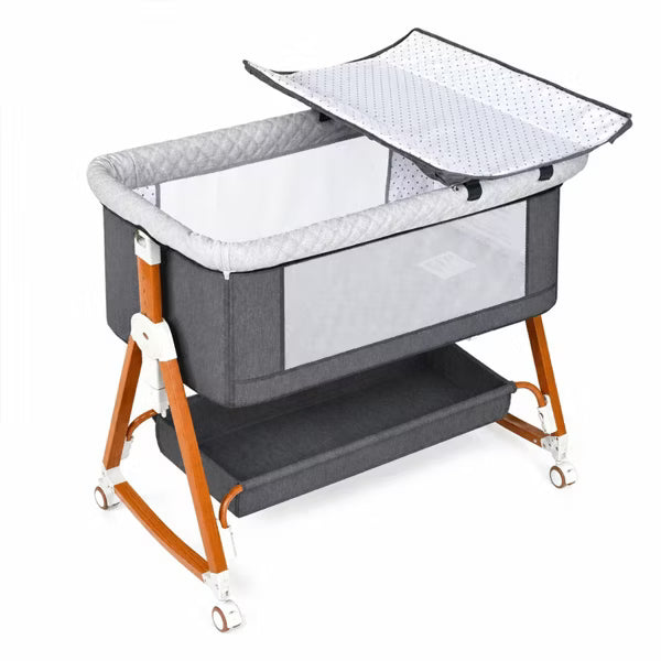 Baby Bassinet Bedside Crib with Adjustable Height, Breathable Mesh Sides, Wheels and Storage Basket,Dark Grey