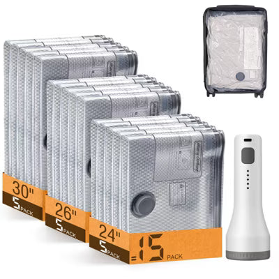 Vacuum Storage Bags 15 Pack with Air Pump for Clothes Bedding and Closet Organization.